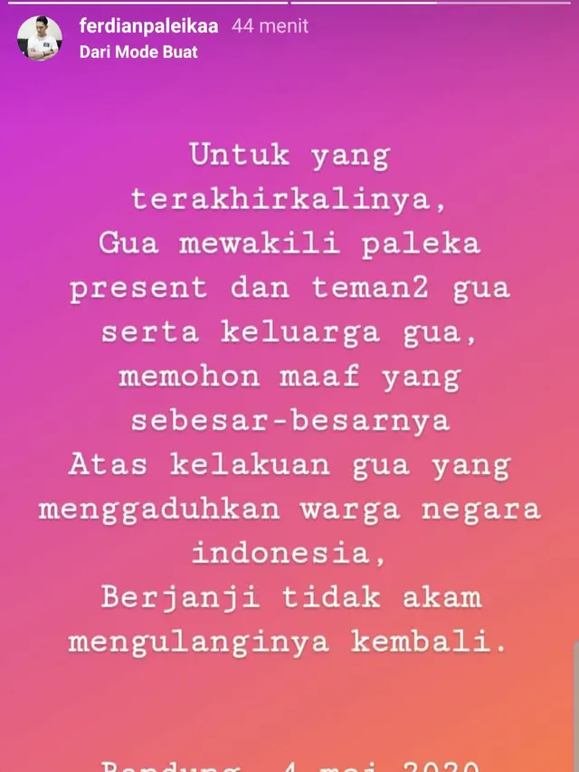 Unggahan Ferdian Paleka. (Foto: Instagram @ferdianpaleikaa)