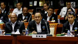 Ketua BNN Heru Winarko (tengah) saat mengikuti rapat dengan Komisi III DPR di Kompleks Parlemen, Jakarta, Rabu (12/6/2019). Rapat tersebut membahas Rencana Kerja dan Anggaran (RKA) K/L Tahun Anggaran 2020. (Liputan6.com/JohanTallo)