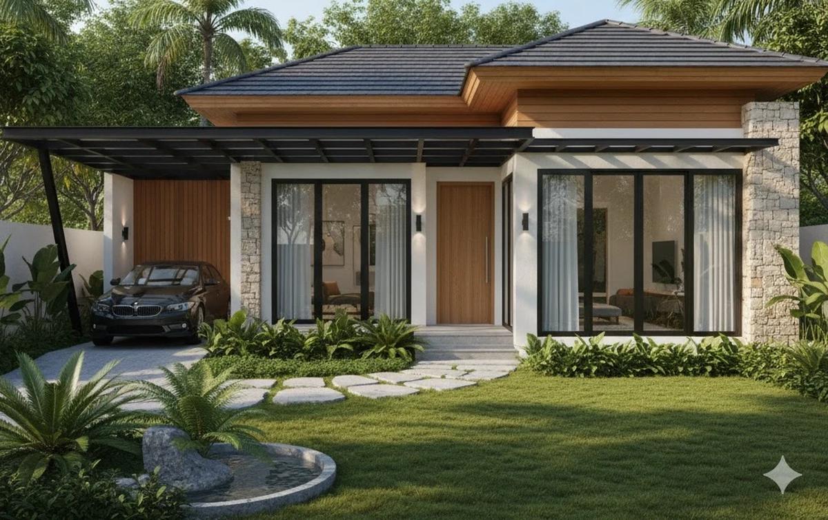 Rumah Minimalis Bentuk L Tampak Depan dengan Sentuhan Modern Tropis