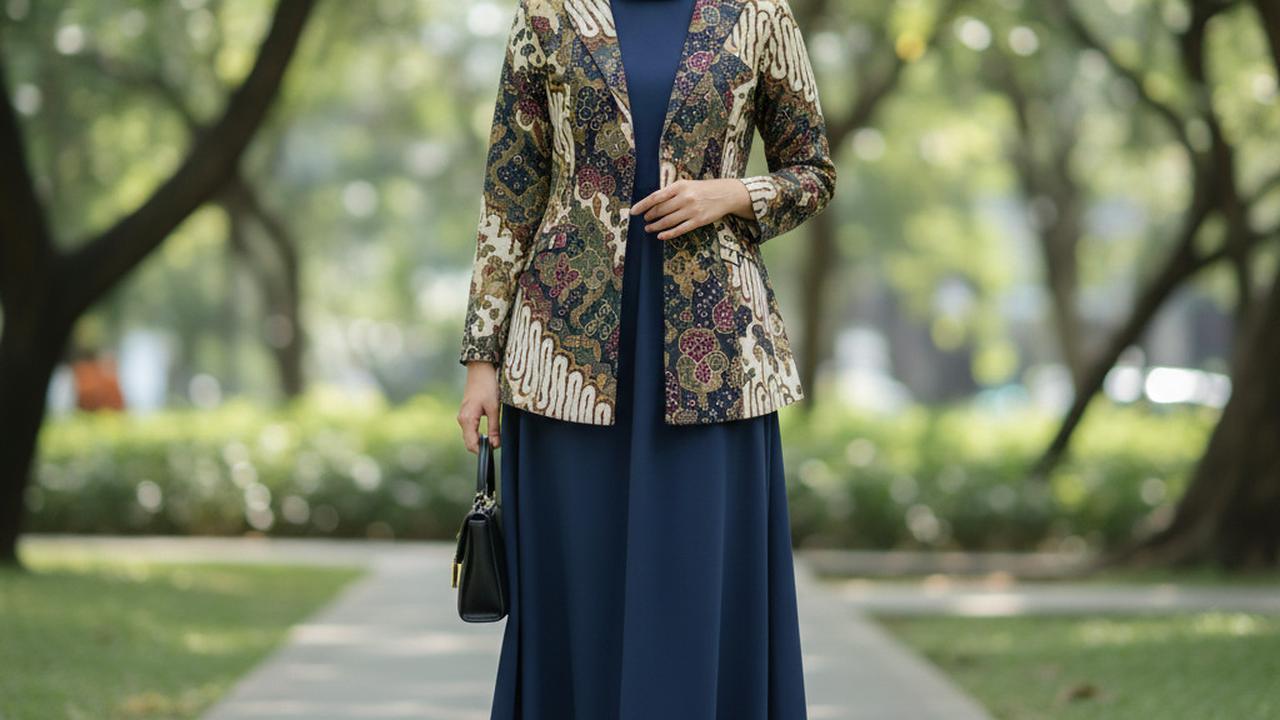 Gamis Polos Syar'i + Blazer Batik Modern