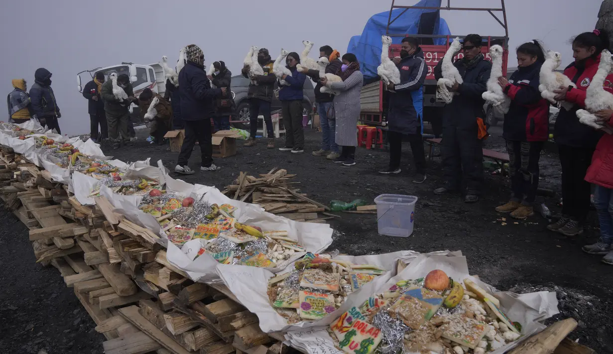 Orang-orang memegang llama muda yang mati untuk dibakar dalam ritual persembahan untuk menghormati Pachamama atau Ibu Pertiwi di pinggiran La Paz, Bolivia, Minggu (1/8/2021). Untuk mengenyangkan Pachamama, para penyembah melemparkan sesaji ke dalam api unggun. (AP Photo/Juan Karita)