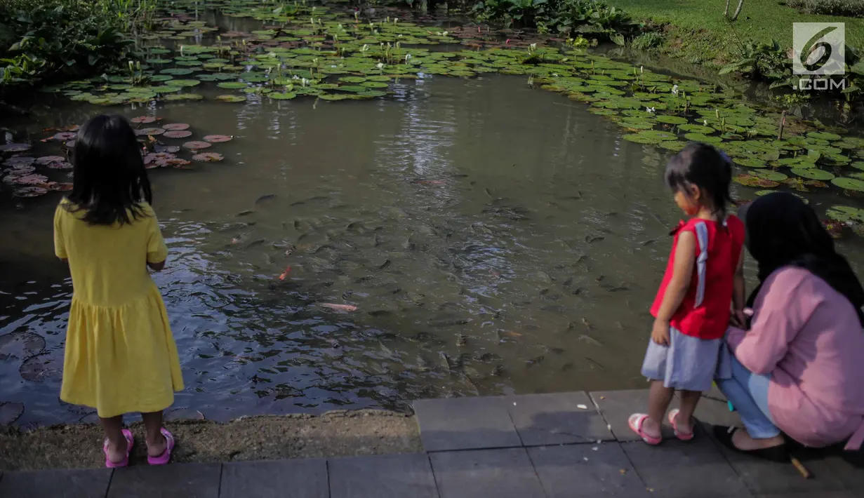 Dua anak melihat ikan di Taman Tabebuya, Jagakarsa, Jakarta, Kamis (14/3). Dinas Kehutanan DKI Jakarta menganggarkan Rp 130 miliar untuk membangun 53 Taman Maju Bersama (TMB) di tahun 2019. (Liputan6.com/Faizal Fanani)