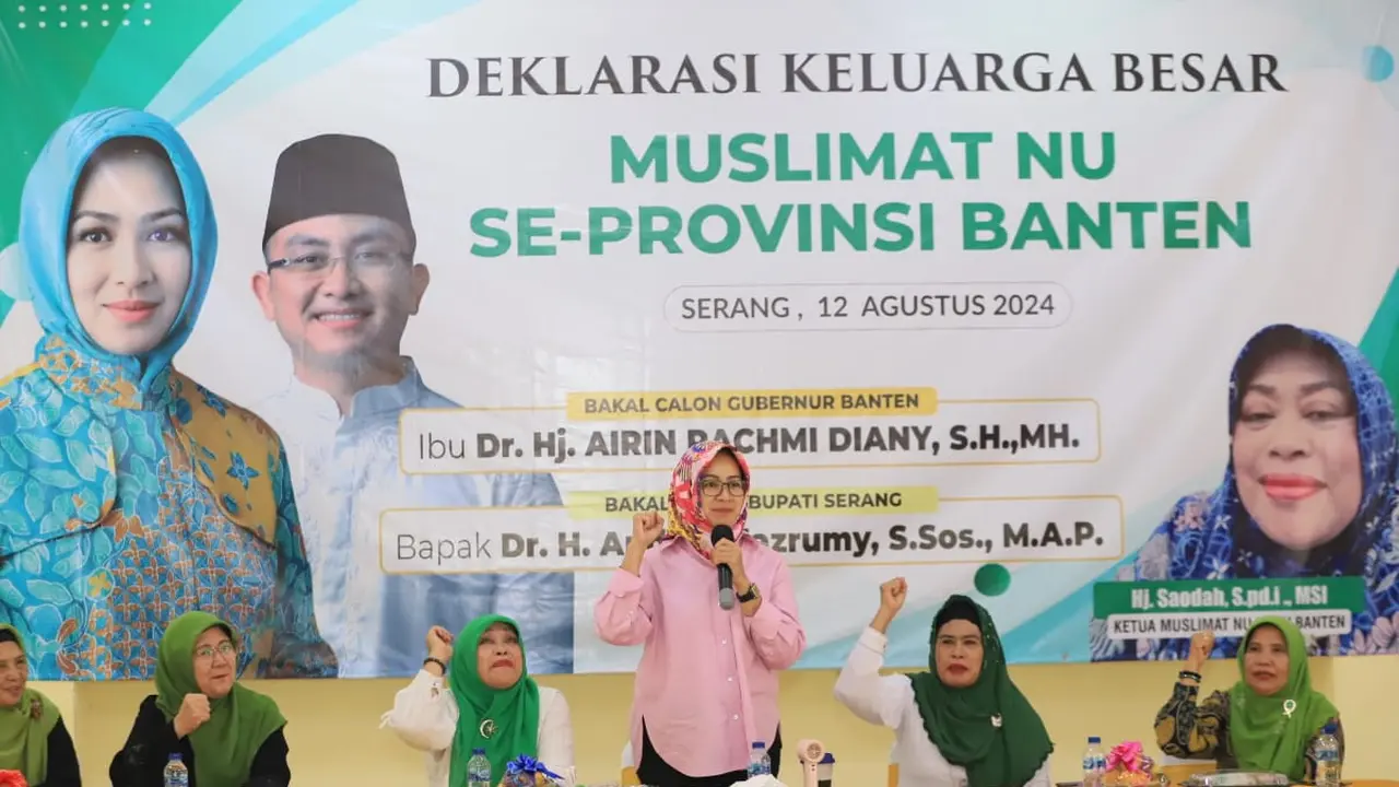 Muslimat NU se-Provinsi Banten resmi menyatakan dukungannya kepada Airin Rachmi Diany untuk maju sebagai bakal calon gubernur (bakal cagub) Banten pada Pemilihan Kepala Daerah atau Pilkada 2024.