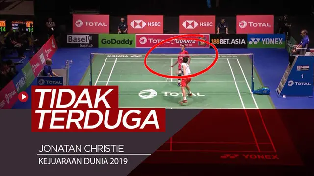 Berita video momen pengembalian tak terduga yang mengejutkan dari salah satu wakil Indonesia, Jonatan Christie, pada Kejuaraan Dunia 2019 bulutangkis di Basel, Swiss.