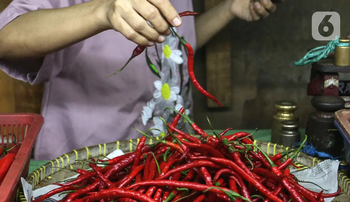 Wahyuning menata cabai merah dagangannya di Pasar Pondok Labu, Jakarta, Rabu, (8/6/2022). Wahyuning menjelaskan harga cabai merah tembus Rp 80.000 per kilogram dari yang sebelumnya Rp 40.000, diikuti cabai rawit dan bawang merah. (Liputan6.com/Johan Tallo)