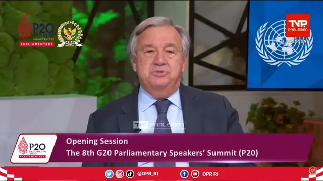 Sekjen PBB Antonio Guterres dalam menyampaikan pidato sambutan di acara 8th G20 Parliamentary Speakers’ Summit (P20) yang diselenggarakan di Gedung DPR pada Kamis (6/10/2022). (Dok: DPR RI-P20)