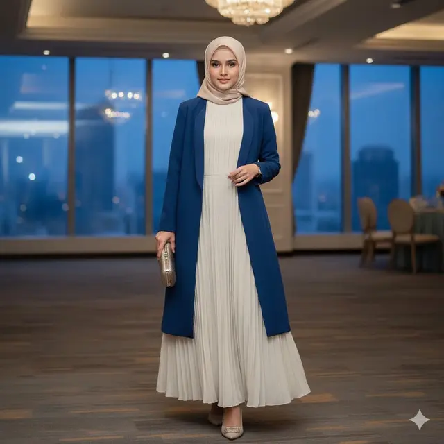 Gamis Plisket Linen dengan Blazer Longline (Gemini AI)