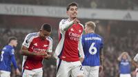Pemain Arsenal, Kai Havertz melakukan selebrasi setelah mencetak gol ke gawang Ipswich Town pada laga lanjutan Liga Inggris 2024/2025 di Emirates Stadium, London, Inggris, Sabtu (28/12/2024) WIB. (AP Photo/Kin Cheung)