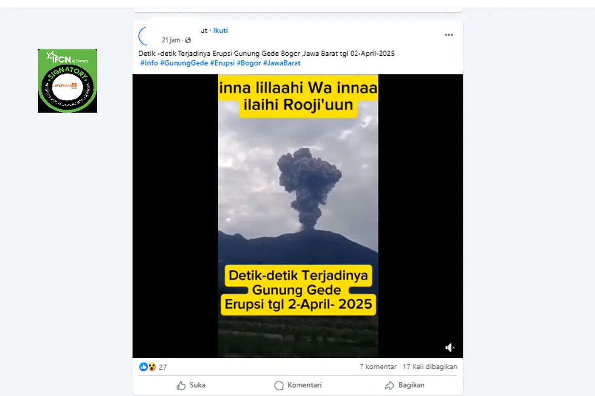 Tangkapan layar klaim video detik-detik terjadinya erupsi Gunung Gede 2 April 2025