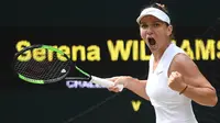 Ekspresi Simona Halep saat menghadapi Serena Williams berduel pada final tunggal putri Wimbledon 2019 di The All England Lawn Tennis Club, Sabtu (13/7/2019). (AFP/Glyn Kirk)