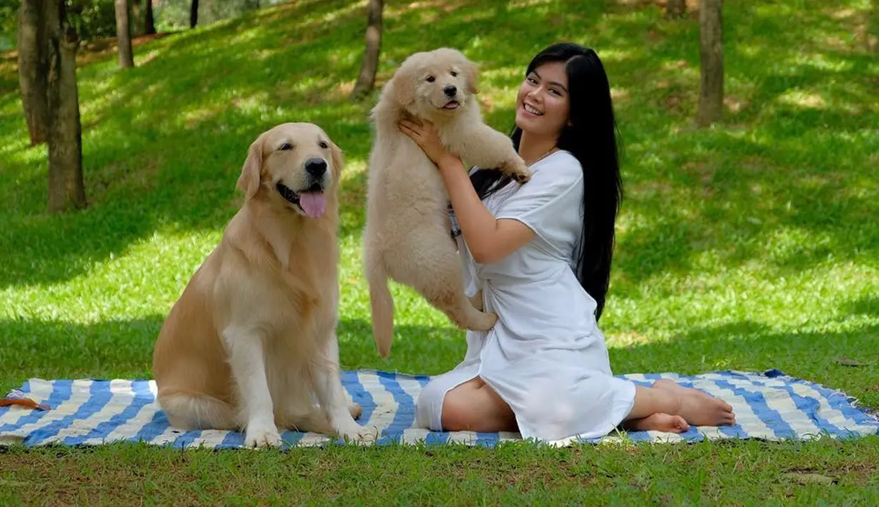 Resyana Hikmayudi mengajak binatang peliharaannya untuk piknik nih. Resyana diketahui memiliki 2 anjing berjenis golden retriever untuk menemani kesehariannya. (Liputan6.com/IG/@resyanahikmayudi)