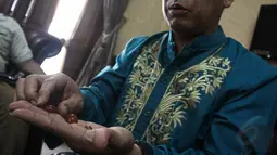 Walikota Lubuklinggau, H SN Prana Putra Sohe menunjukkan koleksi batu akik miliknya dikawasan rumah dinas walikota Kecamatan Lubuklinggau Utara I, Sumatera Selatan,(10/10/14). (Liputan6.com/Faizal Fanani)