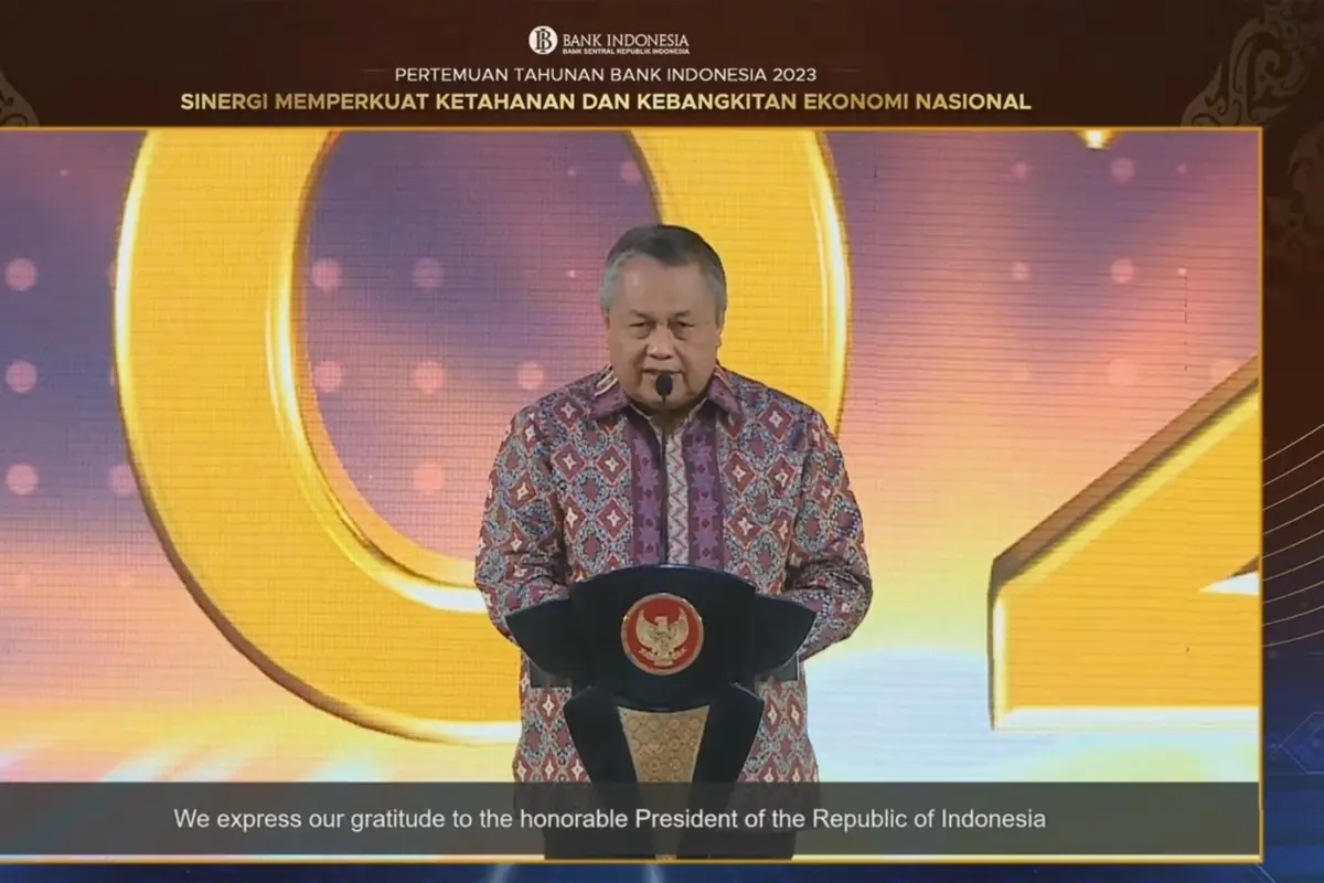 Gubernur Bank Indonesia (BI) Perry Warjiyo dalam Pertemuan Tahunan Bank Indoneisa 2023, di Jakarta, Rabu (29/11/2023). (Arief/Liputan6.com)
