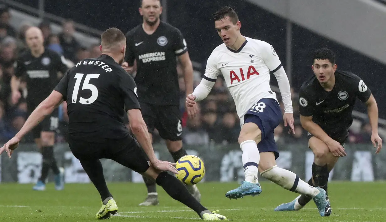 Pemain Tottenham Hotspur, Giovani Lo Celso, berusaha melewati pemain Brighton & Hove Albion pada laga Premier League 2019 di Stadion Tottenham Hotspur, Kamis (26/12). Tottenham menang 2-1 atas Brighton & Hove Albion. (AP/Petros Karadjias)