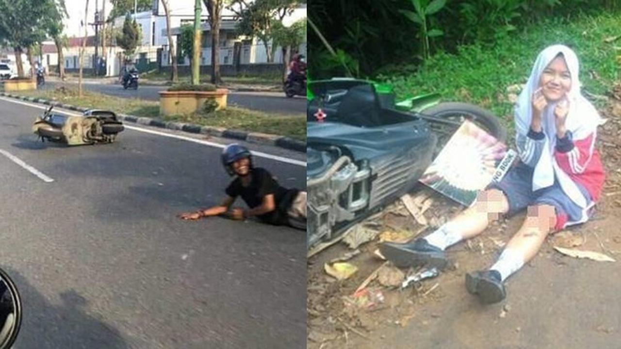 6 Ekspresi Senyum Pengendara Usai Jatuh dari Motor Ini Bikin Heran