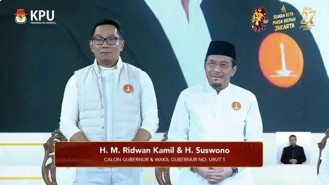 Paslon Pilkada Jakarta 2024 nomor urut 1 Ridwan Kamil-Suswono dalam debat perdana Pilkada Jakarta 2024, Minggu (6/10/2024) di JIExpo Kemayoran, Jakarta Pusat.