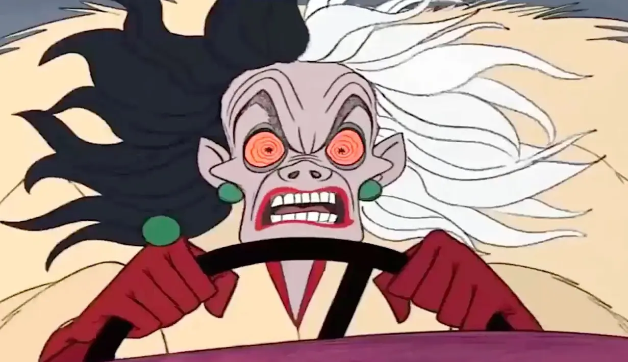 Cruella de Vil benar-benar jahat. Ia tega menculik anak anjing, membunuh mereka untuk memakai dijadikan mantel berbulu, bahkan tak segan mencoba membunuh manusia.