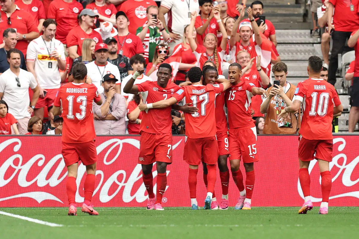 Selebrasi pemain Swiss saat mengalahkan Kanada di Piala Dunia 2026