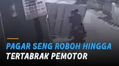 Tak bisa menghindar, pemotor menabrak pagar seng dan jatuh.