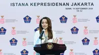 Juru Bicara Satgas Penanganan COVID-19 Reisa Broto Asmoro sampaikan tingkat kesembuhan per 14 September 2020 ada tambahan 3.395, total 158.405 saat konferensi pers di Kantor Presiden Jakarta, Senin (14/9/2020). (Biro Pers Sekretariat Presiden/Muchlis Jr)