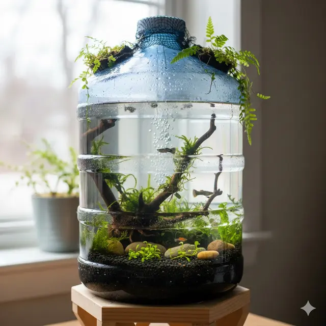 aquascape dari galon bekas berisi ikan (Gemini AI)