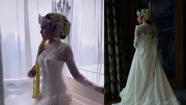 Busana gaun jubah dari LISA JU yang dipakai Mahalini di hari pernikahannya