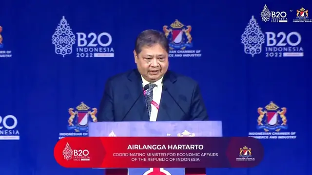 Menteri Koordinator Bidang Perekonomian Airlangga Hartarto dalam B20 Summit 2022 Day 2, di Bali, Senin (14/11/2022). Menko Airlangga optimis pertumbuhan ekonomi Indonesia Capai 5,4 persen di 2022.