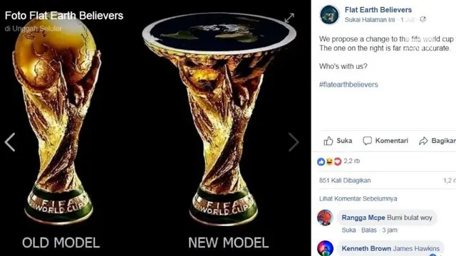 Tak terima bentuk trofi Piala Dunia, para penganut bumi datar meminta pada FIFA agar bentuk piala tersebut diganti.