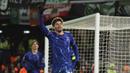 Pemain Chelsea, Marc Guiu merayakan hattrick-nya ke gawang Shamrock Rovers pada laga lanjutan UEFA Conference League di Stamford Bridge, London, Inggris, Jumat (20/12/2024) WIB. (AP Photo/Ian Walton)