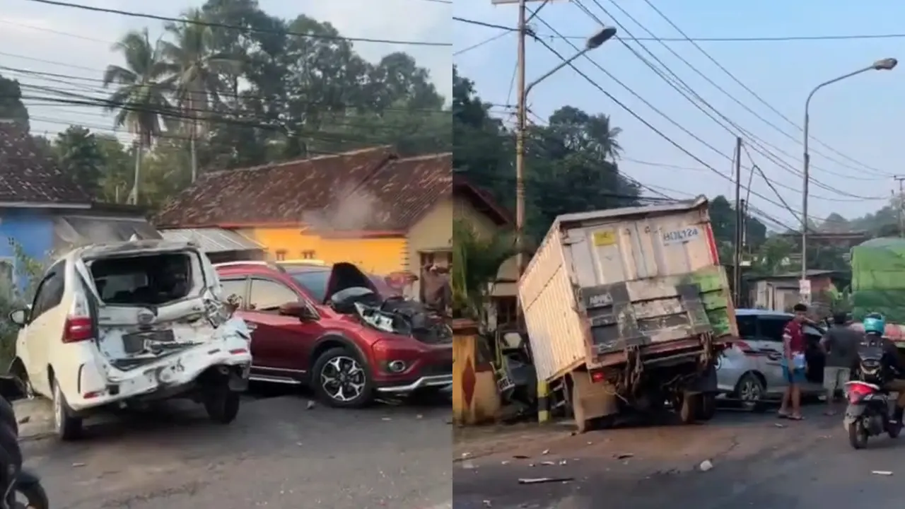 Detik-Detik Kecelakaan Beruntun di Pesawaran, 8 Kendaraan Hancur Diduga Rem Blong