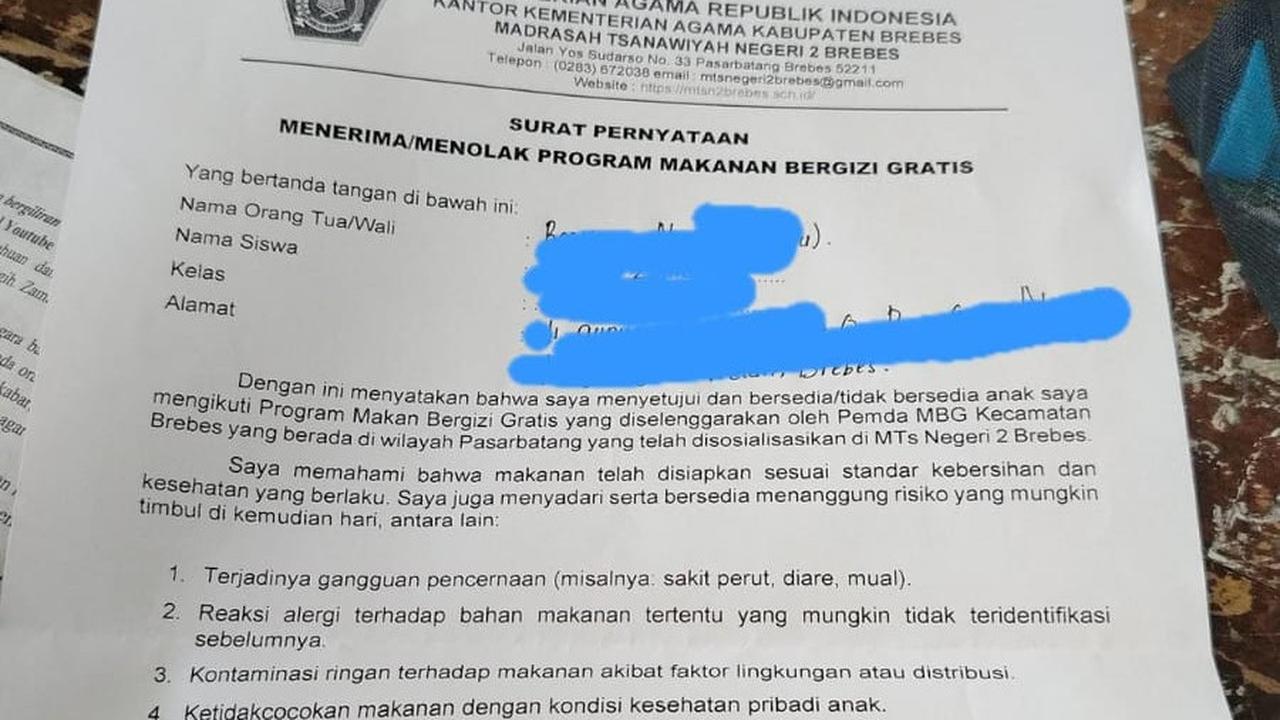 Heboh Surat MTs di Brebes Siswa Keracunan MBG Jadi Tanggung Jawab Wali Murid