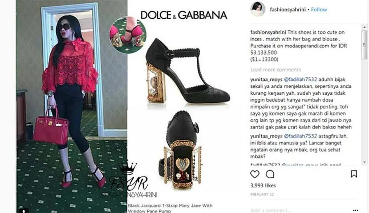Tak sama persis seperti yang tertera di gambar. Sepatu merah yang dikenakan Syahrini ini keluaran Dolce & Gabbana. Untuk harganya, kali ini benar-benar mencengangkan. Pasalnya, mencapai Rp. 53.133.500. Mahal banget kan? (Instagram/fashionsyahrini)
