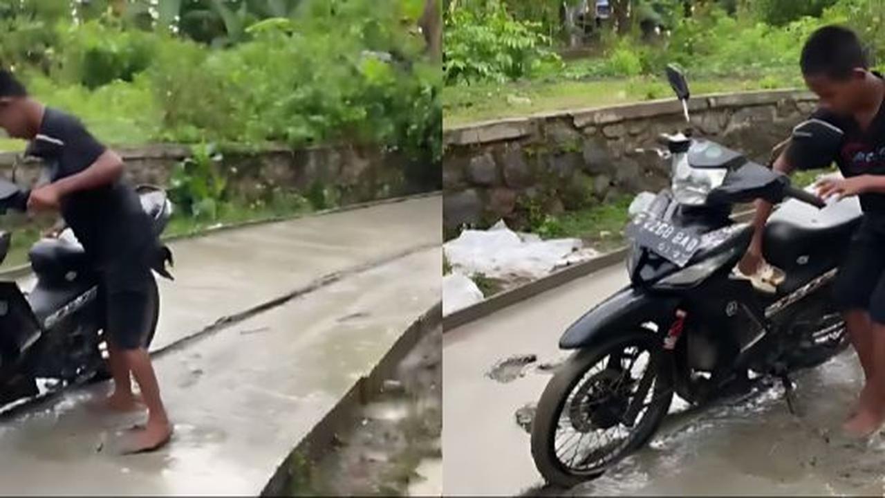 Motor Dua Pemuda Nekat Melintasi Jalan Baru Dicor, Hasilnya Motor Rusak!