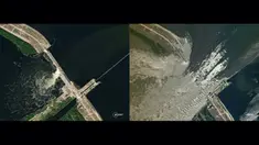 Kombinasi gambar selebaran SkySat oleh Planet Labs ini menunjukkan (kiri) gambar SkySat yang diambil pada 4 Juni 2023 yang dirilis pada 6 Juni 2023 menunjukkan bendungan HPP Kakhovka yang tidak rusak dan (kanan) gambar yang diambil pada 6 Juni 2023 memperlihatkan air yang mengalir melalui bendungan Kakhovka HPP yang rusak. (Handout / 2023 Planet Labs PBC / AFP)