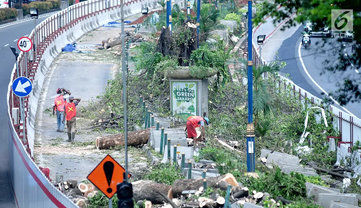 Pekerja menebang pohon untuk menyelesaikan proyek LRT di kawasan Kuningan, Jakarta, Rabu (26/7). Di sepanjang jalan Rasuna Said akan dibangun tiga stasiun lagi yakni di Rasuna Said, Setiabudi, dan terakhir di Dukuh Atas. (Liputan6.com/Helmi Afandi)