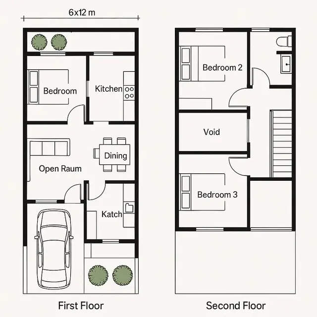Denah Rumah Minimalis 3 Kamar dengan 2 Lantai