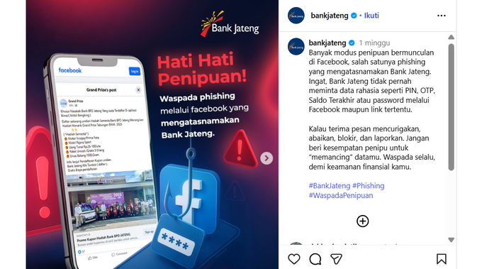 <p>Tangkapan layar akun Instagram Bank Jateng yang meminta masyarakat hati-hati penipuan.</p>