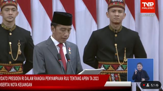 Presiden Joko Widodo (Jokowi) dalam Pidato Nota Keuangan 2023 di Gedung DPR/MPR, Selasa (16/8/2022).