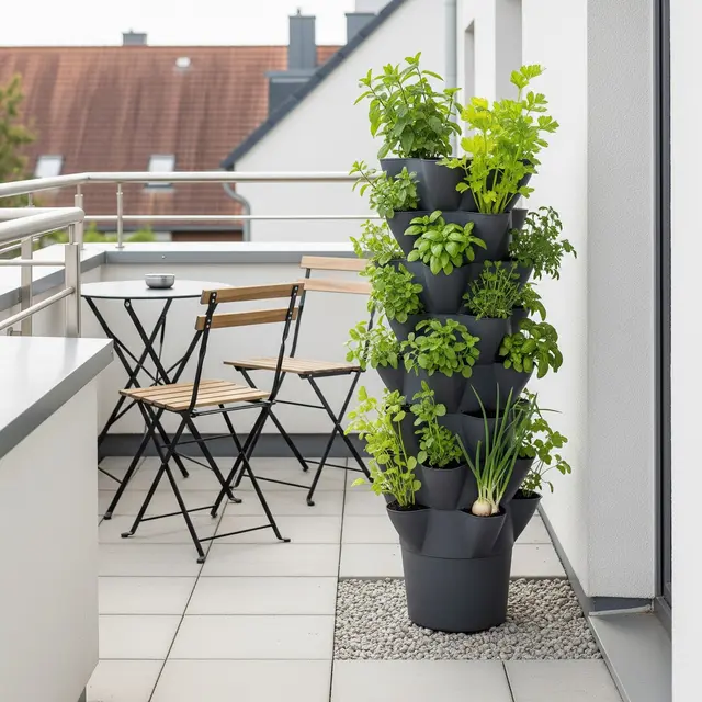 Desain Teras Sempit 2x2 Meter Jadi Kebun Mini Pakai Pot Bertingkat (AI)