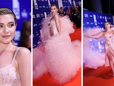 Foto kolase Florence Pugh saat menghadiri British Independent Film Awards ke-25 di London, Inggris pada Minggu, 4 Desember 2022. (Photo by Vianney Le Caer/Invision/AP)