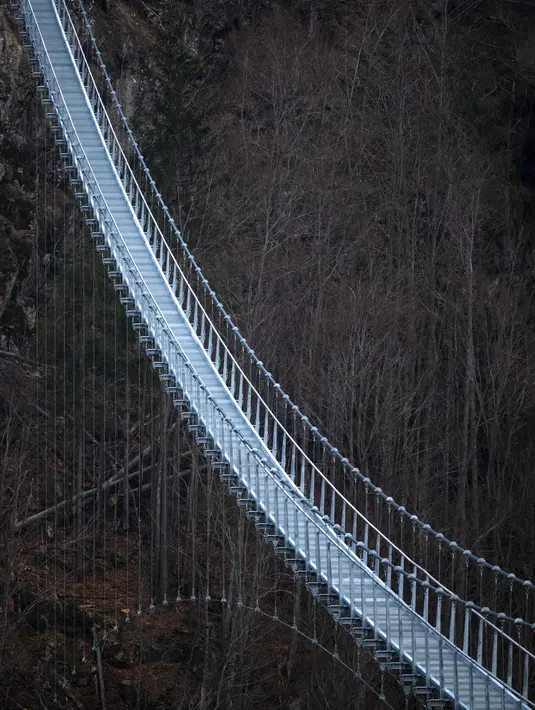 Foto yang diambil pada 3 Maret 2023 menunjukkan jembatan gantung yang sedang dibangun, menghadap ke air terjun di Todtnau, barat daya Jerman. Pembangunan jembatan sepanjang 450 meter yang digantung dengan ketinggian hingga 120 meter ini diharapkan selesai pada Mei 2023 dan menjadi daya tarik wisata utama di Black Forest. (PATRICK HERTZOG / AFP)