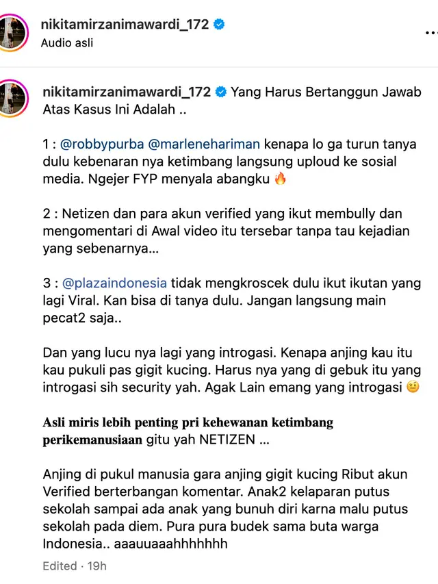 Unggahan Nikita Mirzani. (Foto: Dok. Instagram @nikitamirzanimawardi_172)