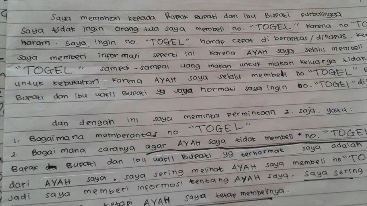 Surat santri TPQ untuk Bupati Purbalingga, soal ayahnya yang gemar berjudi togel. (Foto: Liputan6.com/Istimewa/Muhamad Ridlo)