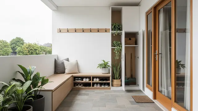 Desain Teras Rumah Sederhana yang Membuat Rumah Terasa Lebih Rapi dan Fungsional Model Teras Modern dengan Storage Tersembunyi