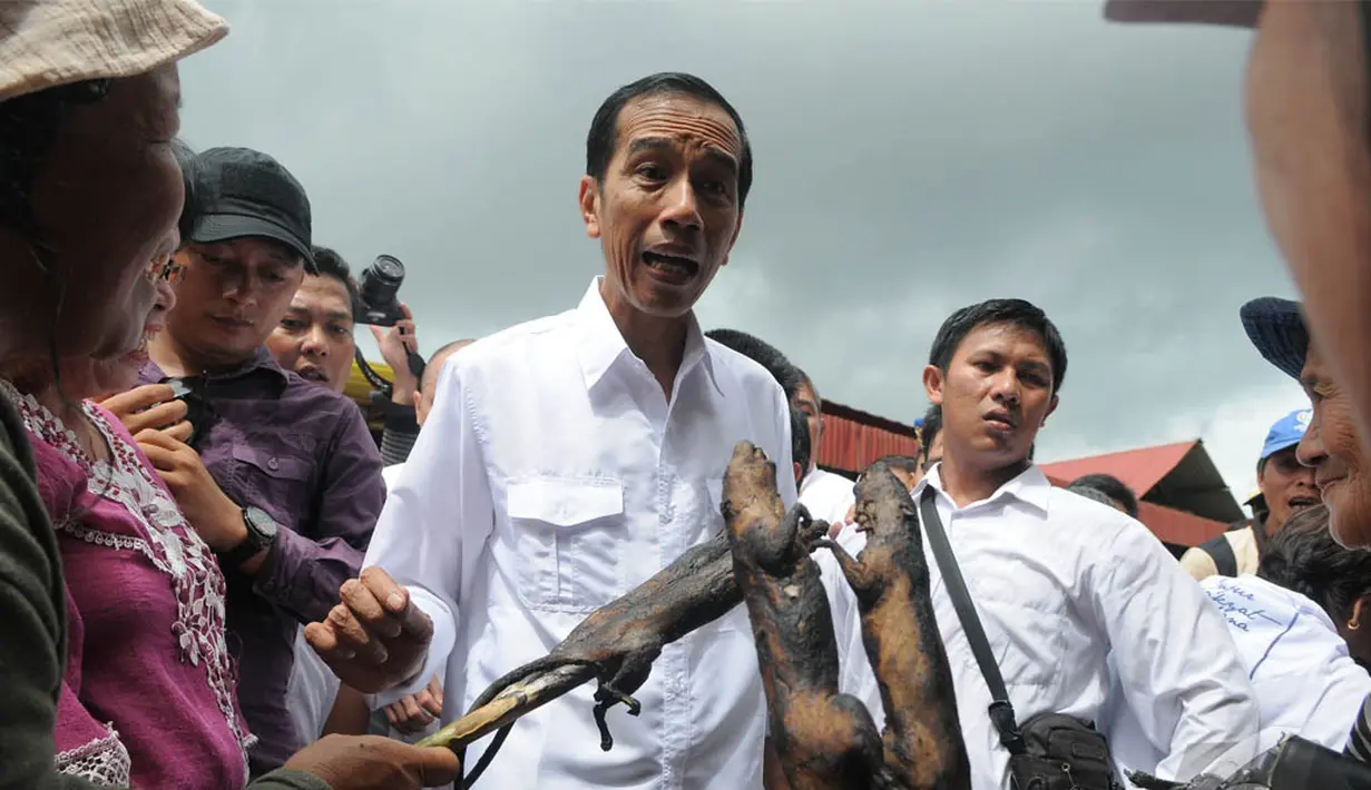 Jokowi menanyakan kepada pedagang apakah nama makanannya. Dan pedagang itu menjelaskan bahwa itu adalah tikus bakar, Sulawesi Utara, Sabtu (10/5/2014) (Liputan6.com/Herman Zakharia).