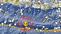 Gempa Magnitudo 5,0 mengguncang wilayah Kuta Selatan Bali, Jumat malam (26/4/2024). (Liputan6.com/ Dok BMKG)