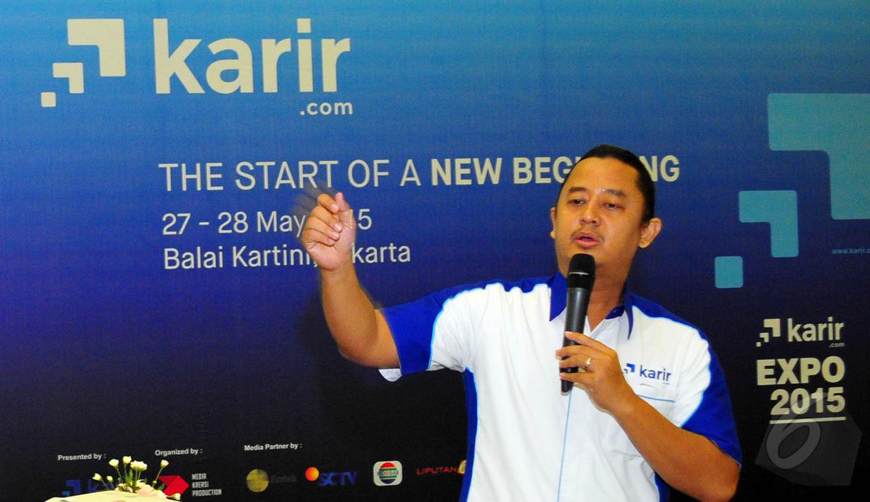 CEO Karir.com, Dino Marti memaparkan presentasi seputar dunia kerja di pembukaan karir.com Expo 2015 di Balai Kartini, Jakarta, Rabu (27/5/2015). (Liputan6.com/Yoppy Renato)