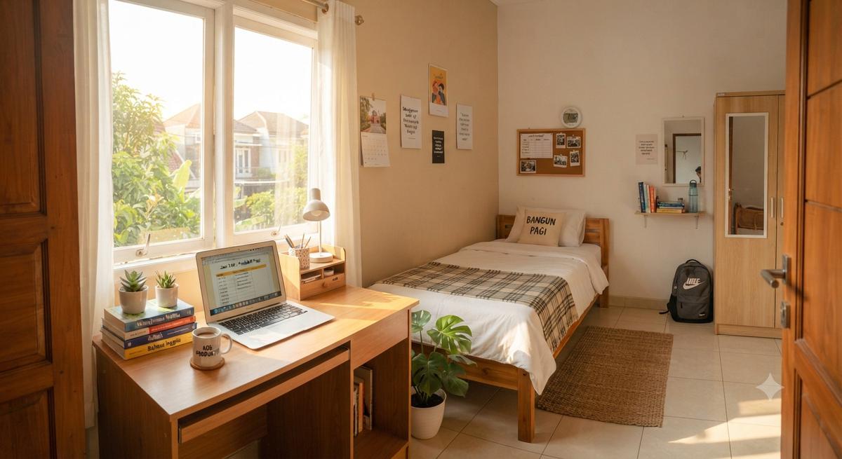 Desain Kamar Kos yang Bikin Penghuninya Bangun Pagi yang Cocok untuk Pekerja dan Mahasiswa yang Sering Kesiangan Model Meja Belajar Dekat Sumber Cahaya