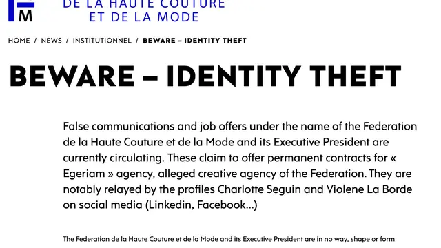 Peringatan dari situs resmi Paris Fashion Week. (Foto: Dok. https://fhcm.paris/en/2022/03/08/beware-identity-theft/)