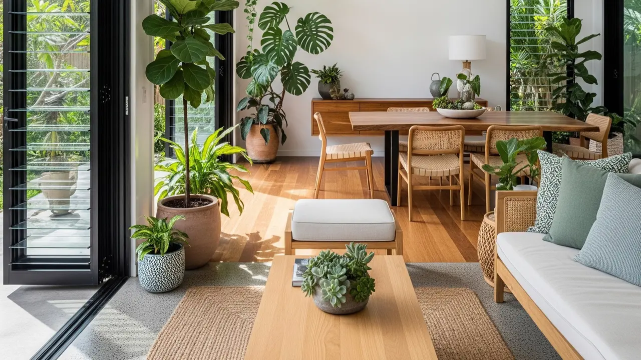 Desain Rumah Adem dengan Ventilasi Silang dan Tanaman Indoor (Gemini AI)